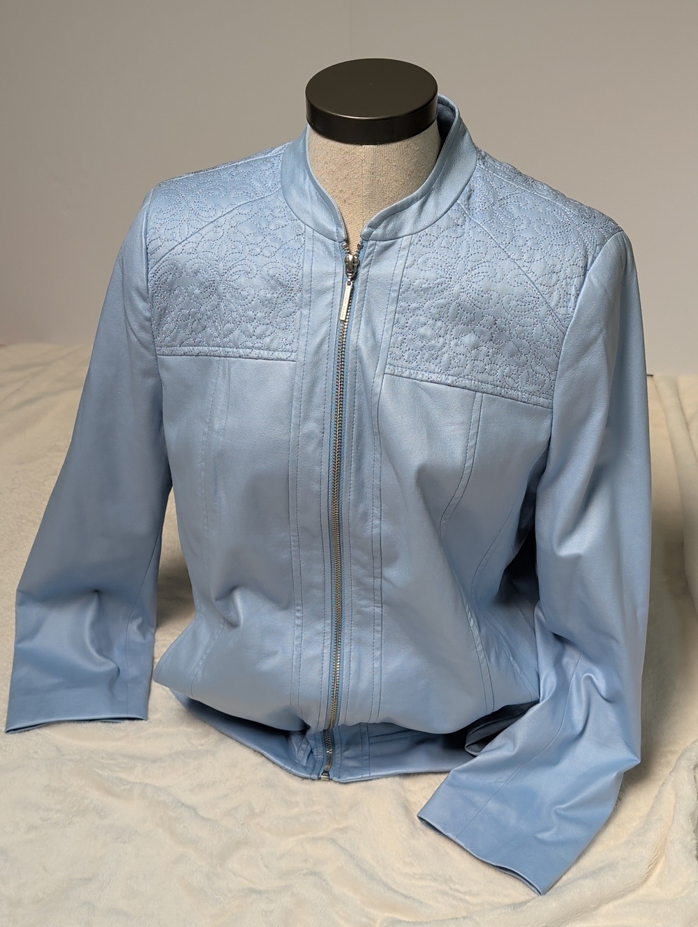 Allison Daley Pastel Blue Quilted Yoke Leather Jacket